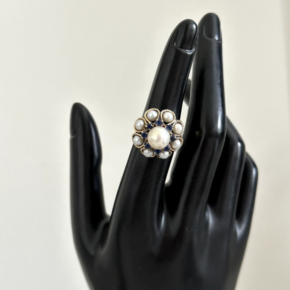 Vintage 14K Yellow Gold Pearl & Sapphire Ladies Statement Band Ring Size 5.75 - Picture 8 of 16